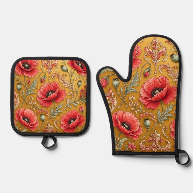 Poppy fleur golden design oven mitt & pot holder set (Front)