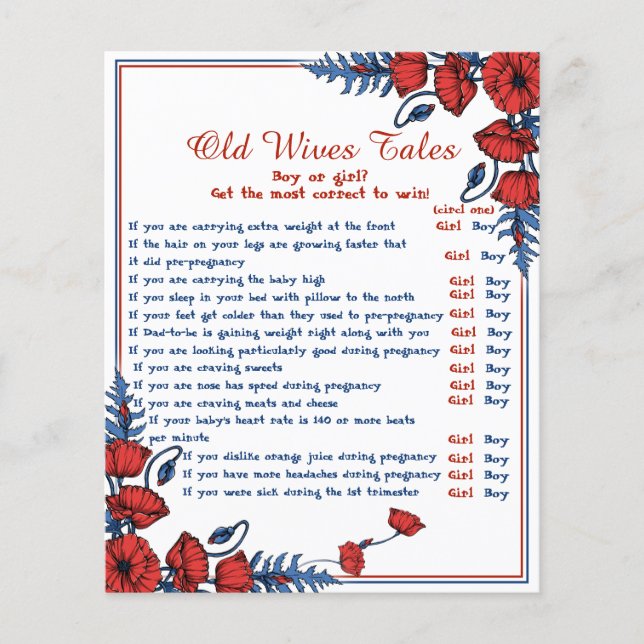 Poppy Floral Baby Shower Old Wives Tale Game (Front)