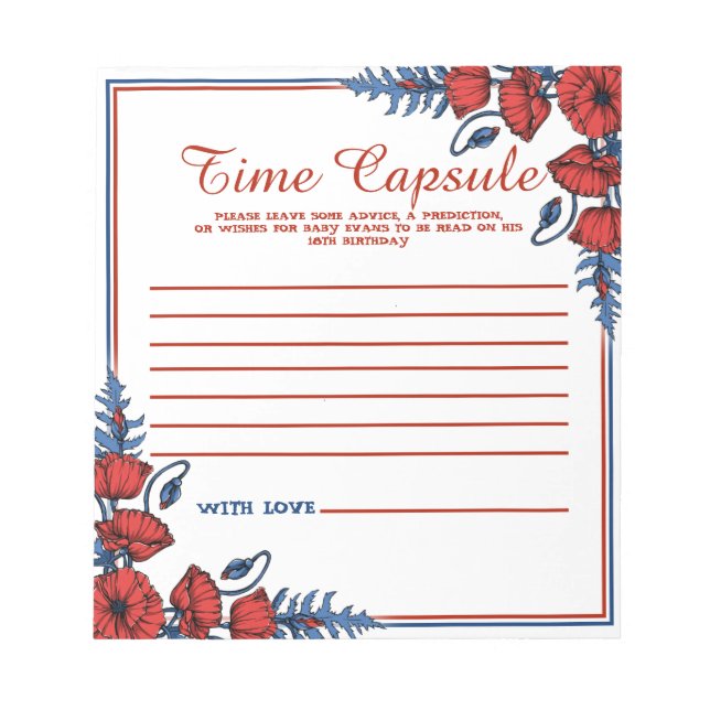 Poppy Floral Baby Shower Time Capsule Notepad (Front)