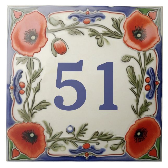 Poppy Floral Door House Number Sign Plaque Plate Tile (Front)