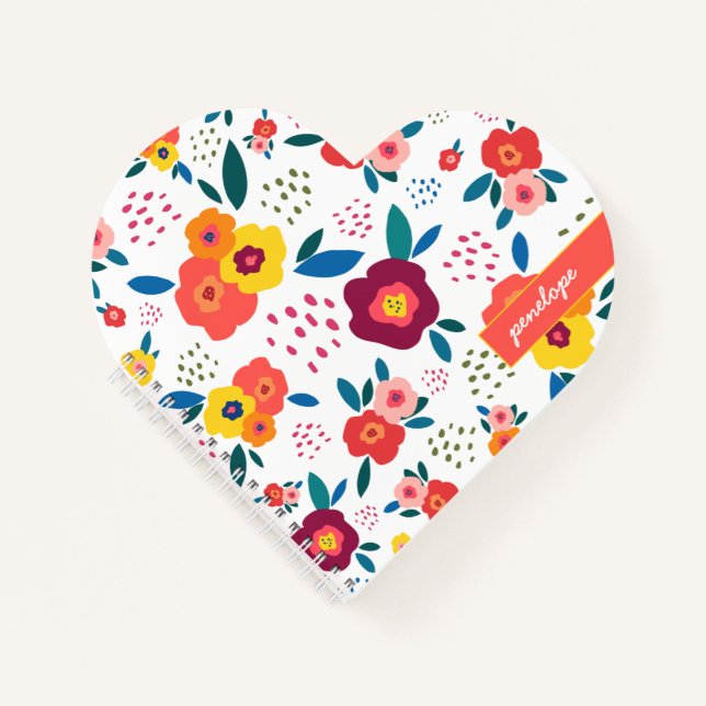 Poppy Floral Pattern Coral Script Name Heart Notebook (Front)