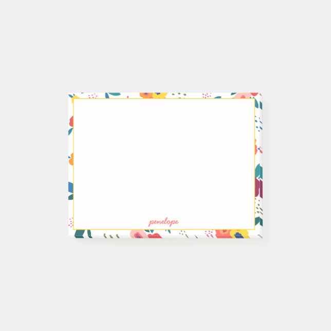 Poppy Floral Pattern Coral Script Name Post-it Notes (Front)