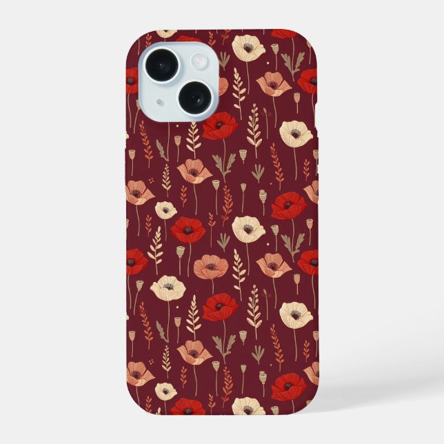 Poppy Floral Pattern iPhone 15 Case (Back)