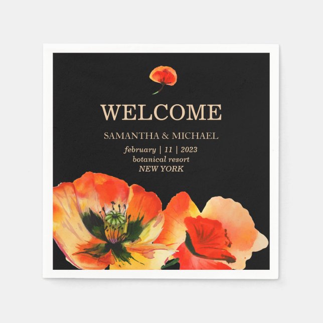 Poppy Flower Black Red Classic Wedding Napkin (Front)