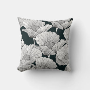 Poppy Flower, Black White Line. Cushion