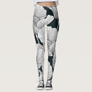 Poppy Flower, Black White Line. Leggings