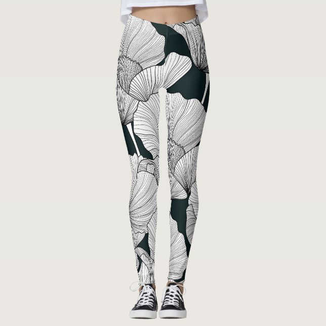 Poppy Flower, Black White Line. Leggings (Front)