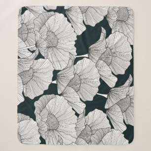 Poppy Flower, Black White Line. Sherpa Blanket