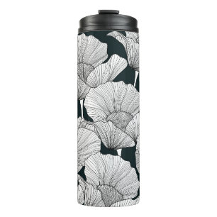 Poppy Flower, Black White Line. Thermal Tumbler