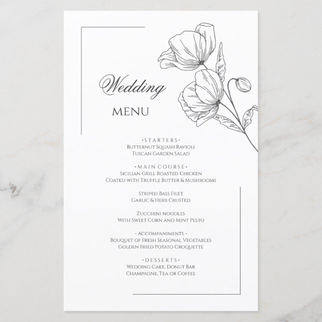 Poppy flower chic elegant wedding menu (Front)