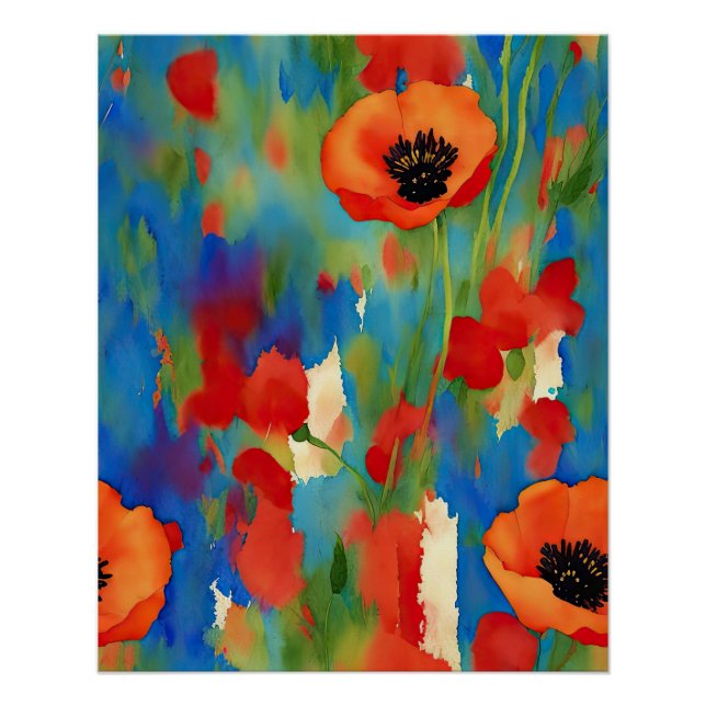 Poppy Flower Field Watercolor Abstract Poster (Front)