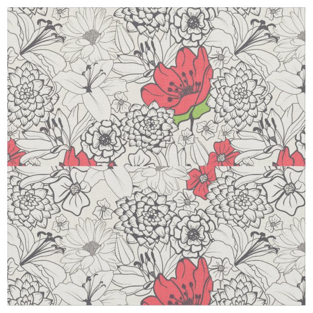 Poppy Flower Garden Pattern Fabric (Close Up)