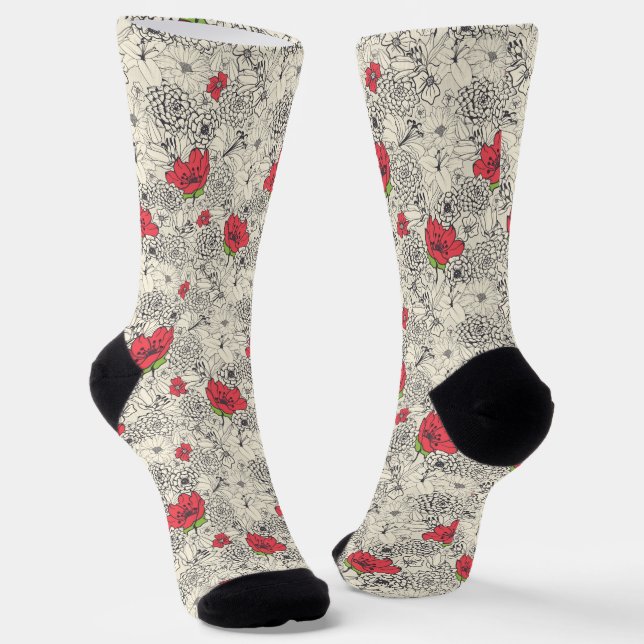 Poppy Flower Garden Pattern Socks (Angled)