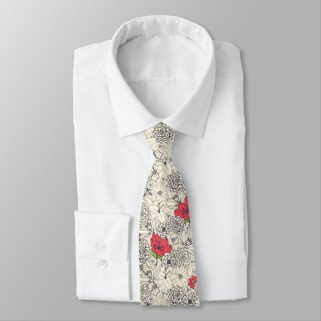 Poppy Flower Garden Pattern Tie (Tied)