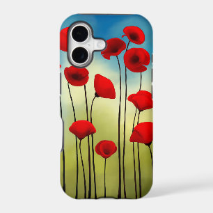 Poppy flower illustration, green field, blue sky