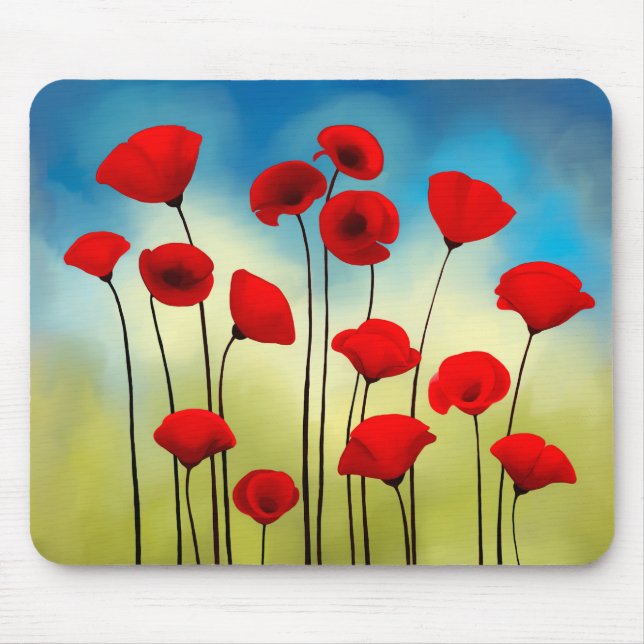 Poppy flower illustration, green field, blue sky mouse mat (Front)