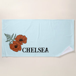 Poppy flower light blue  beach towel