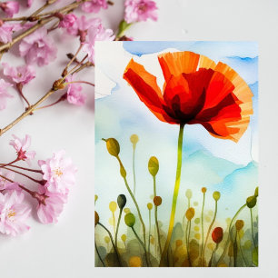 Poppy flower, meadow, watercolor art, flower postcard