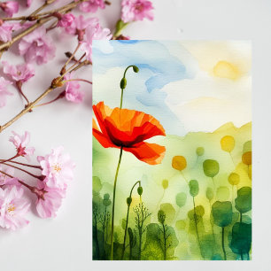 Poppy flower, meadow, watercolor art postcard