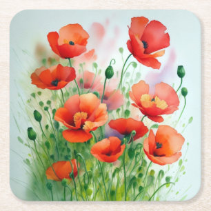 poppy flower meadow, watercolor + square paper coaster