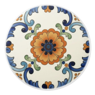 Poppy Flower Mediterranean Blue Orange Cream Ceramic Knob