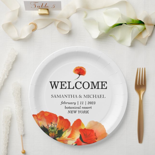 Poppy Flower Red White Wedding Paper Plate (Wedding)