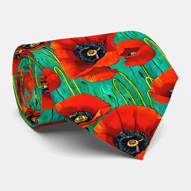 Poppy flower seamless pattern red green floral tie (Rolled)