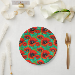 Poppy flower summer spring wildflower round picnic paper plate