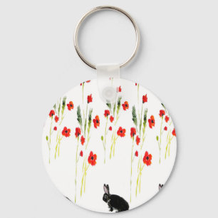 Poppy Flowers and a cute bunny rabbit Key Ring