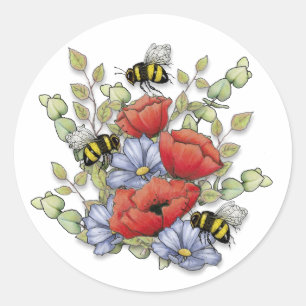 Poppy Flowers and Bees Digital Drawing, Botanical Classic Round Sticker