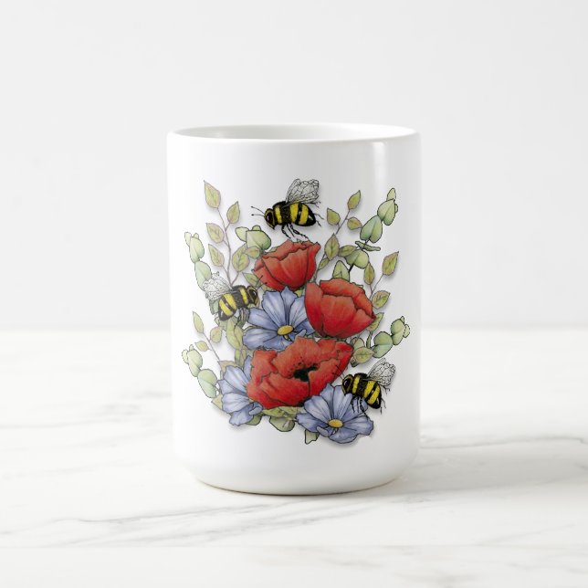 Poppy Flowers and Bees Digital Drawing, Botanical  Coffee Mug (Center)