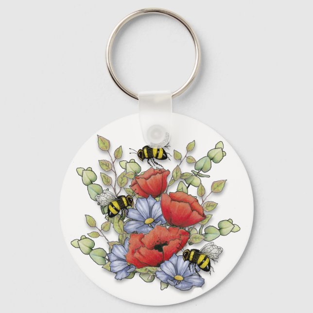 Poppy Flowers and Bees Digital Drawing, Botanical  Key Ring (Front)