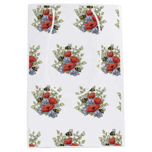 Poppy Flowers and Bees Digital Drawing, Botanical Medium Gift Bag