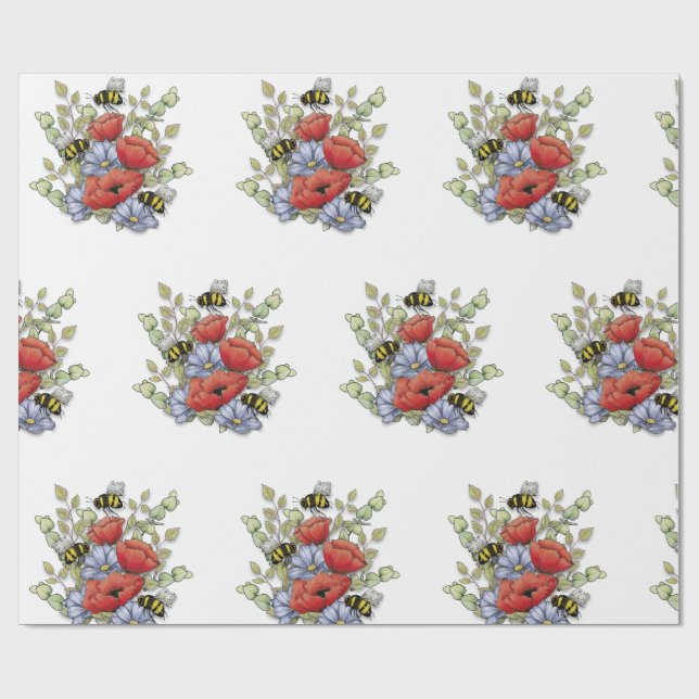 Poppy Flowers and Bees Digital Drawing, Botanical  Wrapping Paper (Flat)