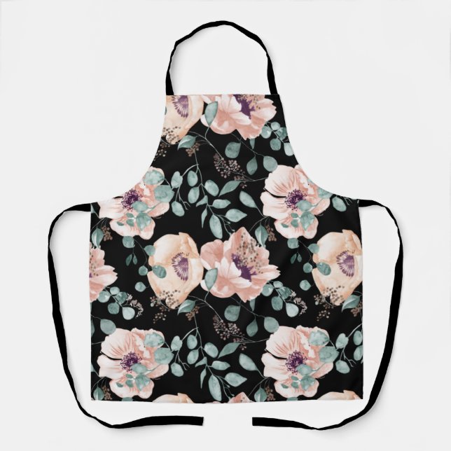Poppy Flowers Black Apron (Front)