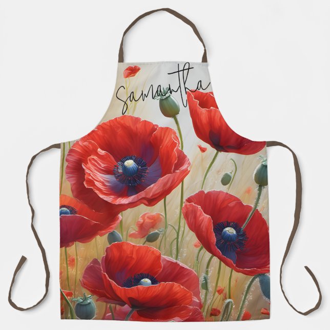 Poppy Flowers Blossom Personalised Name Kitchen Apron (Front)