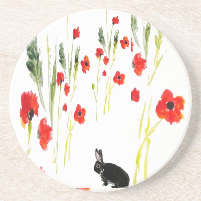 Poppy Flowers Bunny Rabbit Coaster (Front)