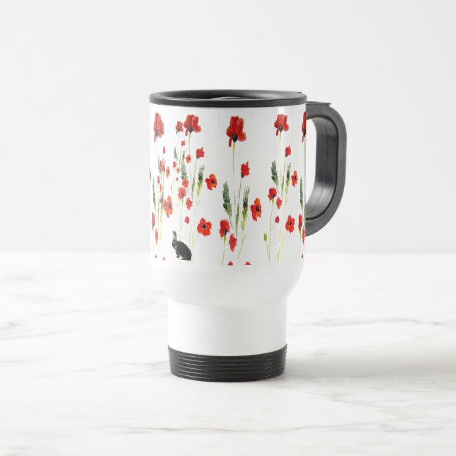 Poppy Flowers Bunny Rabbit Floral Travel Mug (Front Right)