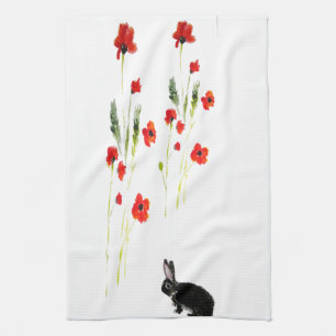 Poppy Flowers Bunny Rabbit Tea Towel