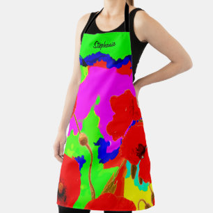 Poppy Flowers Colourful Artsy Floral Custom Name Apron
