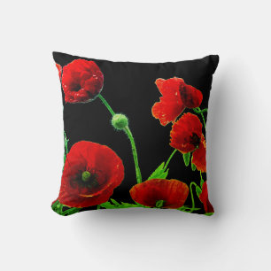 Poppy Flowers Colourful Floral Abstract Red Black Cushion