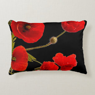 Poppy Flowers Colourful Red Floral Abstract Black Decorative Cushion