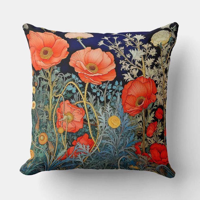 Poppy Flowers Farmhouse Decor Throw Pillow (Front)