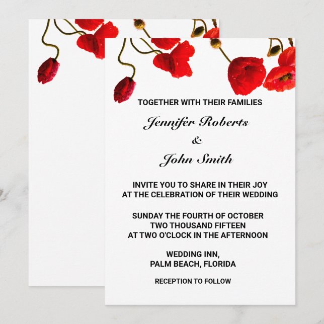 Poppy Flowers Floral Red White Cool Trendy Wedding Invitation (Front/Back)