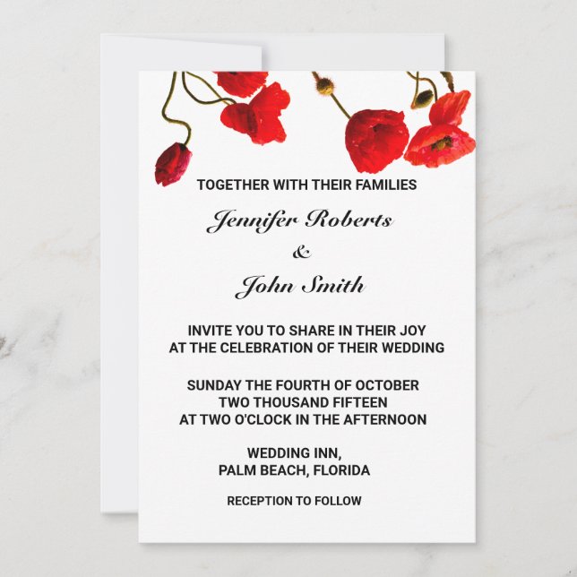 Poppy Flowers Floral Red White Cool Trendy Wedding Invitation (Front)
