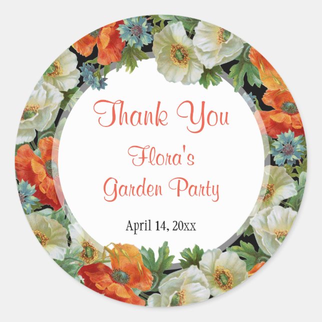 Poppy Flowers in Orange and White Custom Thank You Classic Round Sticker (Front)