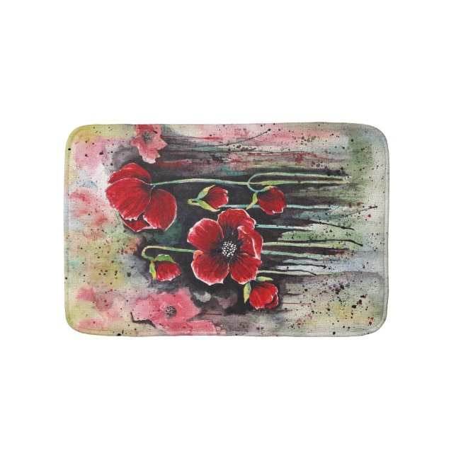 Poppy Flowers In Watercolor  Bath Mat (Front)