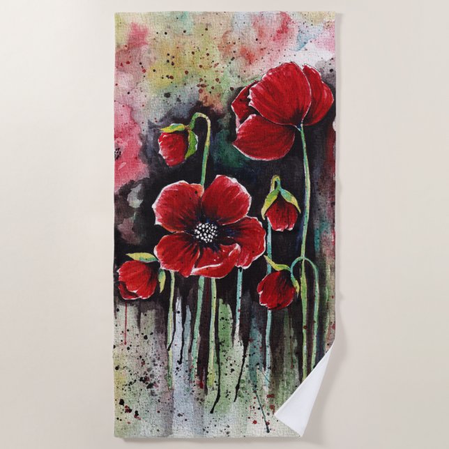 Poppy Flowers In Watercolor  Beach Towel (Front)