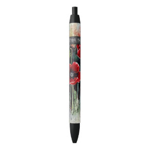 Poppy Flowers In Watercolor  Black Ink Pen
