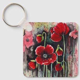 Poppy Flowers In Watercolor  Key Ring